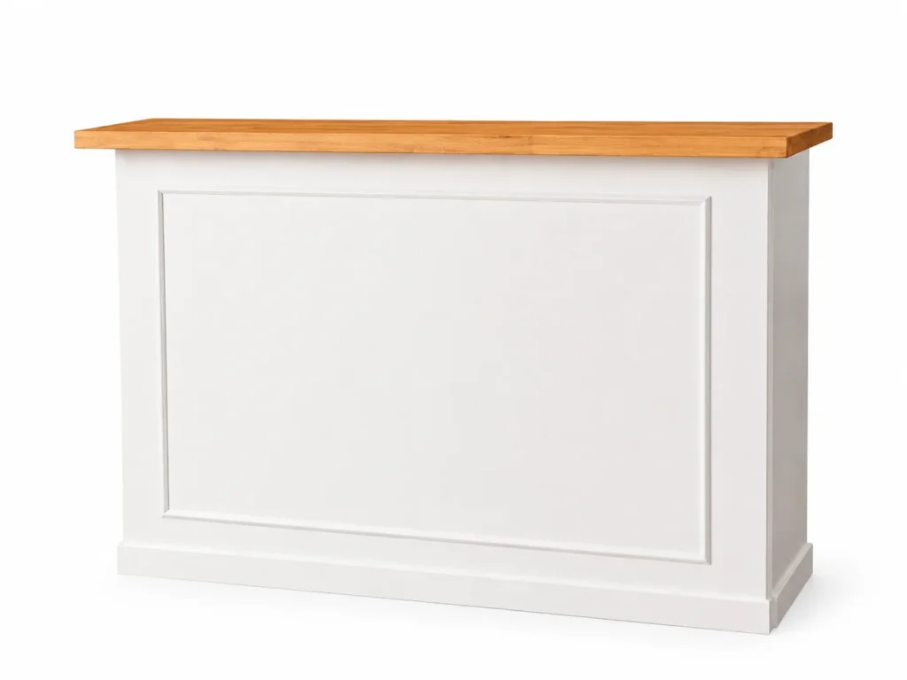 Barra Melbourne blanca con cubierta de madera para arriendo de eventos en Santiago